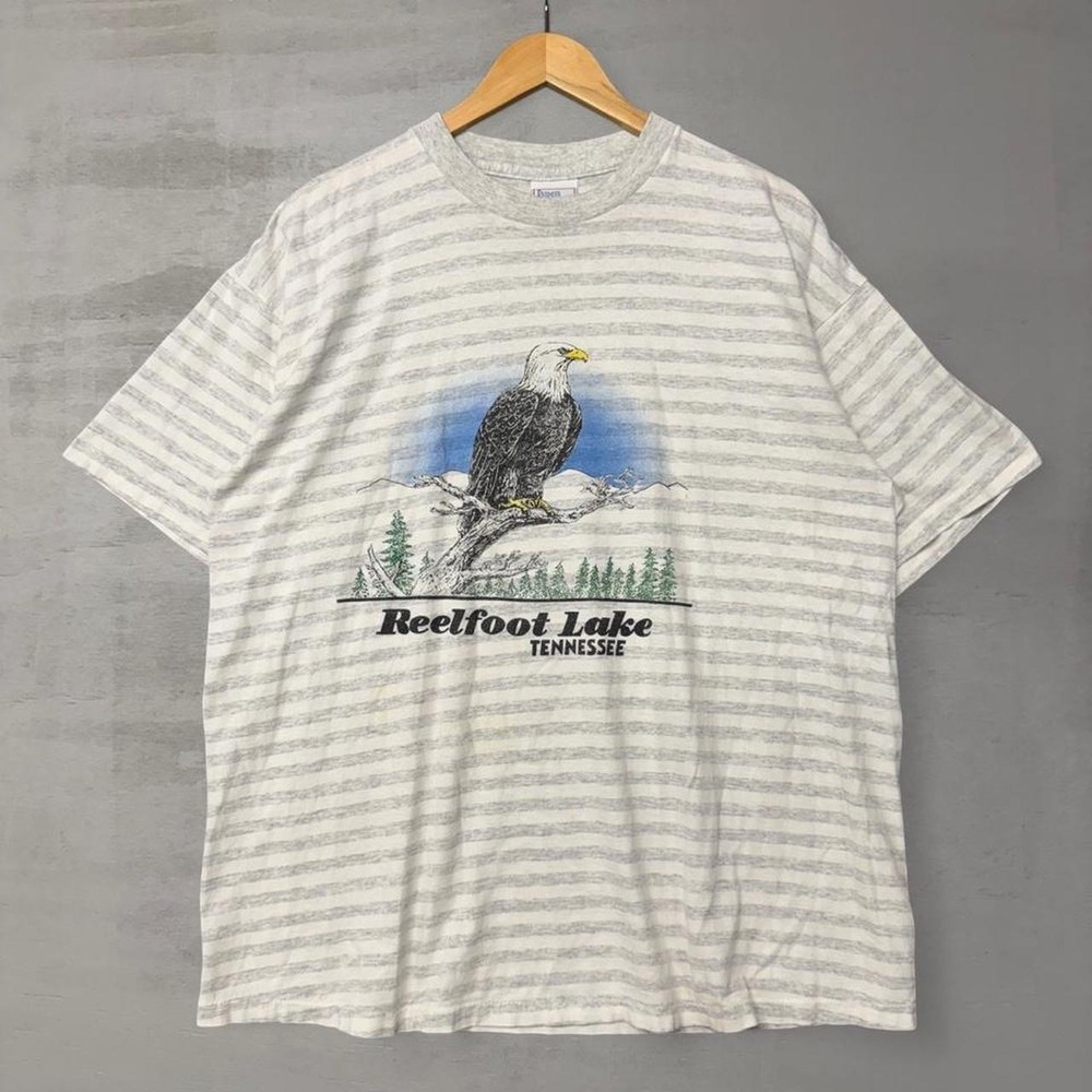 Vintage Reelfoot Lake Tennessee Eagle Nature‎ Striped T Shirt Grey XL